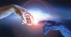 AI hand reaches towards a human hand as a spark of understanding technology reaches across to humanity. Artificial Intelligence concept with copy space area. Blue flesh image.